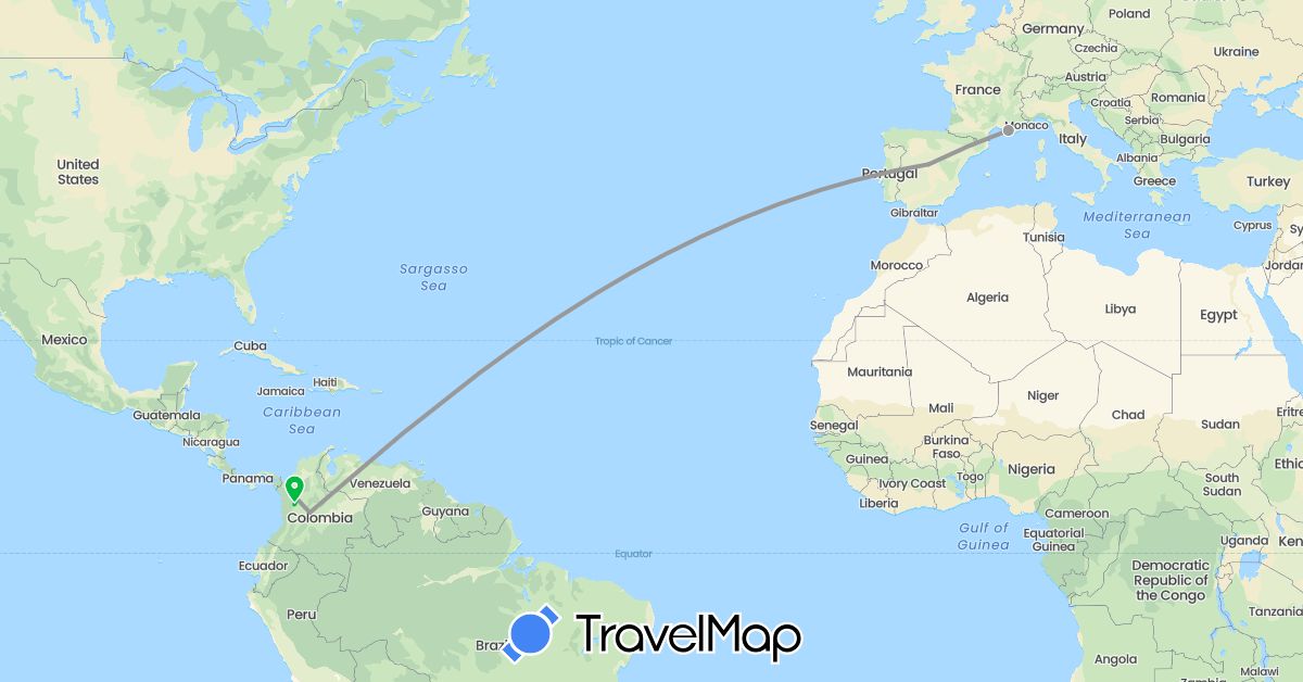 TravelMap itinerary: driving, bus, plane in Colombia, Spain, France (Europe, South America)